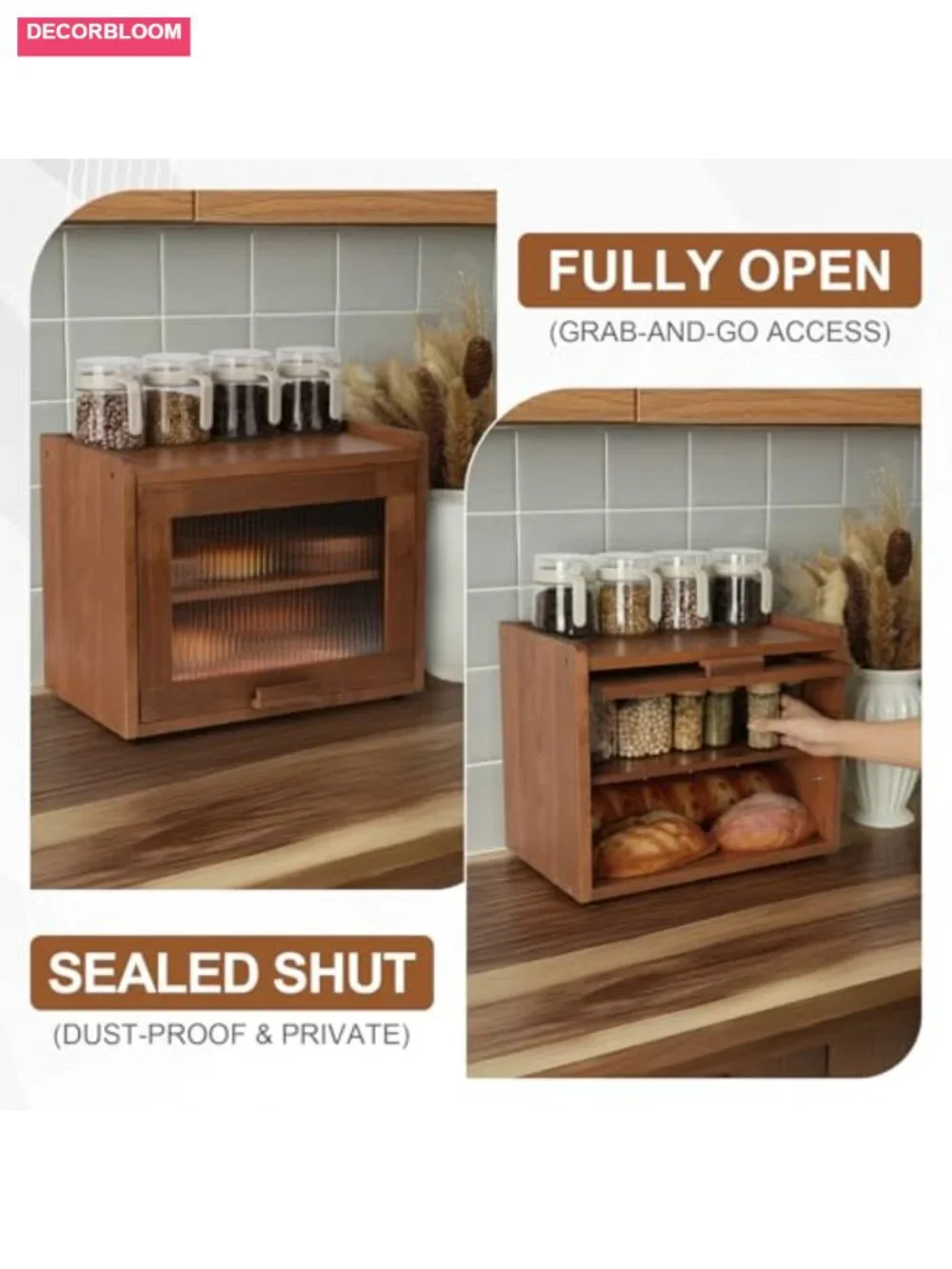 Wooden Bread Box 2 Tier with Acrylic Door and Adjustable Shelf for Kitchen
